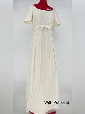 1960s Empire Waist Classic Short Sleeve Wedding Dress W/ Bow Waist & Petticoat